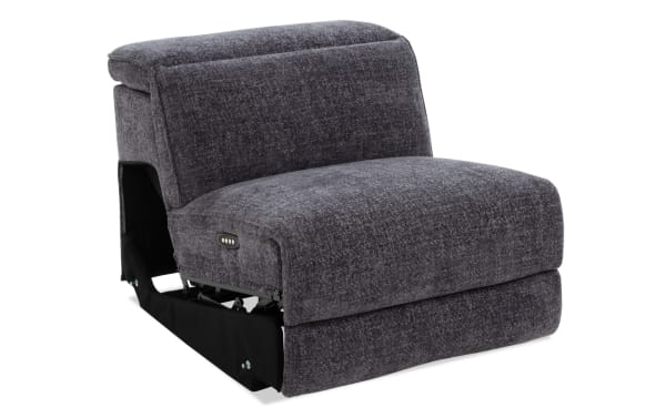 Dark gray fabric upholstered electric recliner chair with plush cushioning and side control buttons for adjustable comfort.