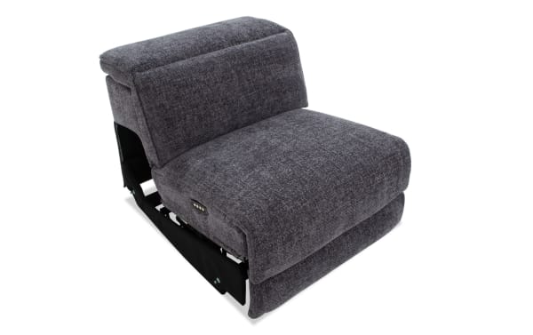 Dark gray fabric power recliner chair seat with plush cushioning and visible control buttons on the side, designed for comfort and adjustable seating.