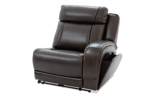 Dark brown leather recliner chair with plush cushioning, padded armrests, and a side storage pocket, designed for living room comfort.