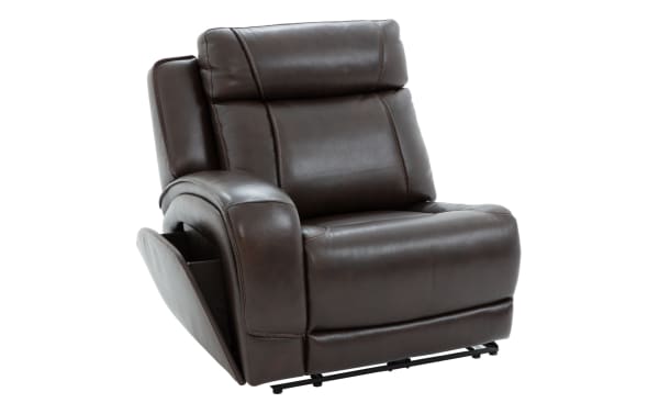Dark brown leather recliner chair with padded armrests, cushioned backrest, and side storage pocket, designed for living room comfort.
