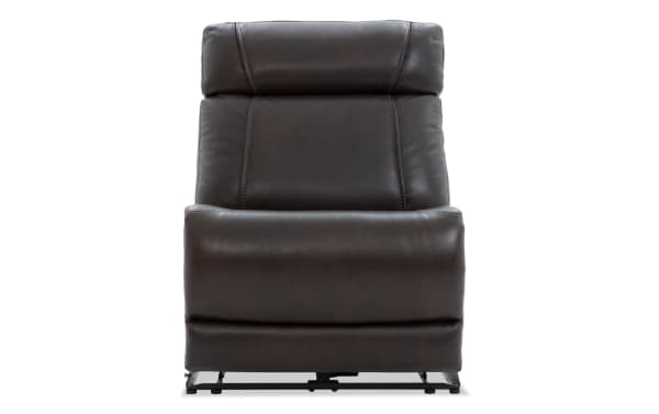 Dark brown leather recliner chair with padded backrest and seat, featuring visible stitching and metal base frame, designed for comfort.