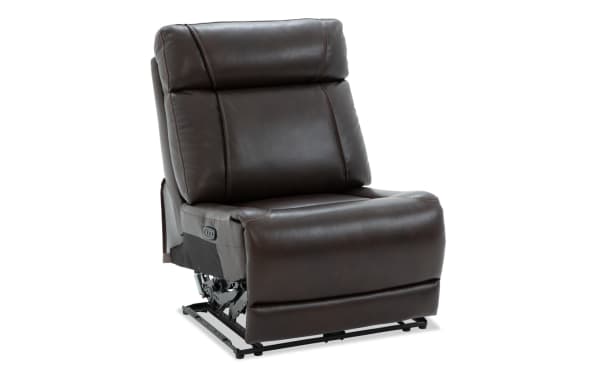 Dark brown leather power recliner chair with padded backrest and seat, featuring visible stitching and metal reclining mechanism base.