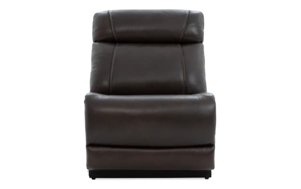 Dark brown leather recliner chair with cushioned backrest and seat, featuring visible stitching and a modern, plush design.