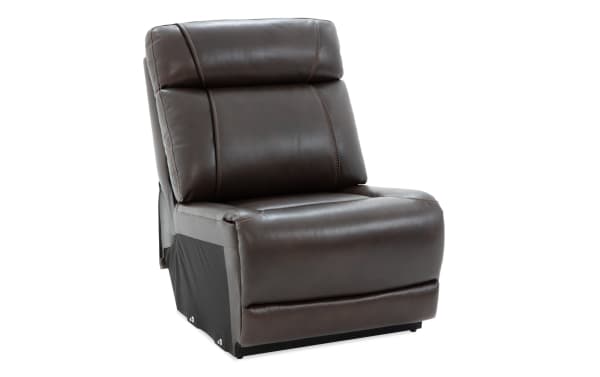 Dark brown leather armless recliner chair with cushioned backrest and seat, featuring detailed stitching and a modern, compact design.