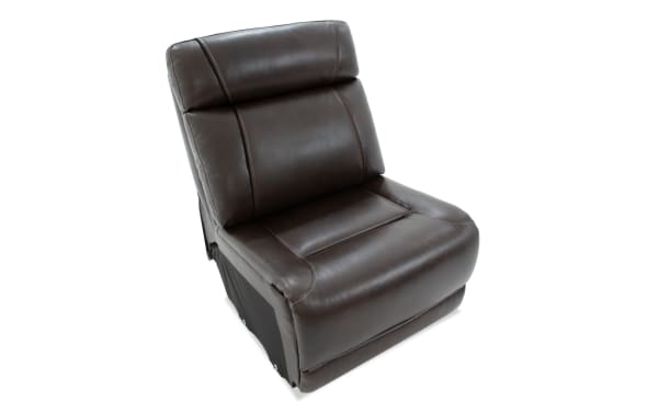 Dark brown leather recliner chair with cushioned backrest and seat, featuring visible stitching and a modern, armless design.