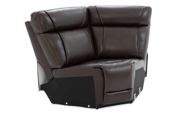 Dark brown leather corner recliner sofa section with padded backrest and seat cushions, featuring visible stitching and metal connectors at the base.