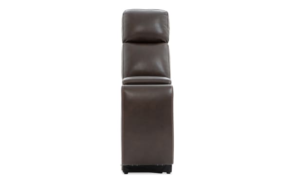 Dark brown leather recliner chair with cushioned backrest and seat, featuring detailed stitching and a modern, sleek design.