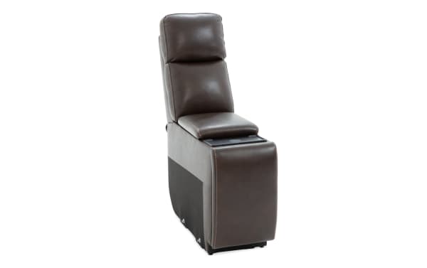 Brown leather reclining chair with padded headrest and armrest, featuring a built-in console for storage or cup holders.