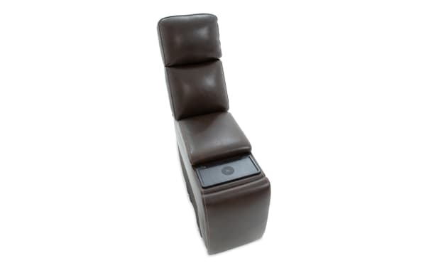 Dark brown leather recliner chair with cushioned backrest and integrated wireless charging pad in the armrest, designed for comfort and convenience.