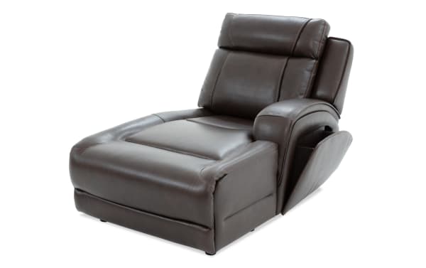 Dark brown leather chaise lounge chair with plush cushioning, wide armrest, and built-in side storage pocket for living room comfort.