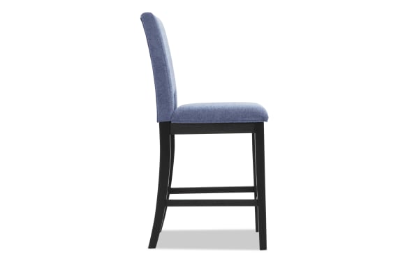 Upholstered dining chair with blue fabric seat and backrest, black wooden legs, and supportive crossbars, modern style seating.