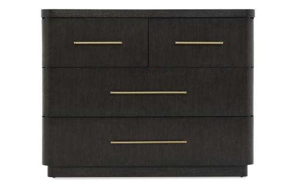 Dark wood dresser with four drawers, featuring sleek rounded corners and long horizontal brass handles, suitable for modern bedroom storage.