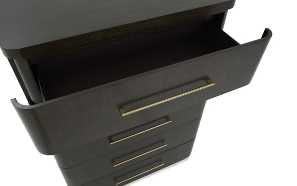 Dark wood dresser with a partially open top drawer, featuring sleek gold metal handles and a smooth curved edge design.