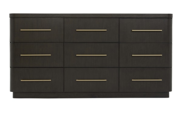 Contemporary Luxe Brown 9 Drawer Dresser in dark wood with rubberwood frame, oak veneers, brass handles, and soft-close drawers for organized storage.