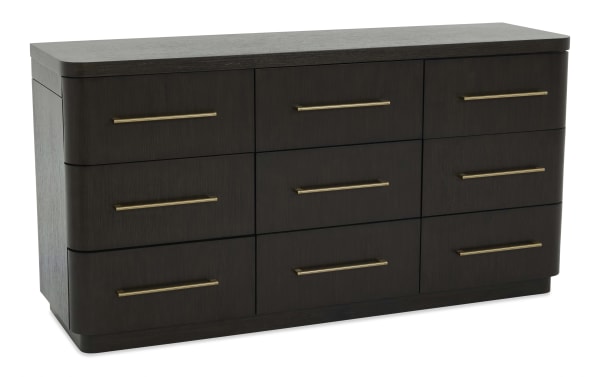 Luxe Brown 9 Drawer Dresser from Luxe Bedroom collection, contemporary dark wood with rubberwood frame, oak veneers, brass handles, soft-close drawers, and rounded edges.
