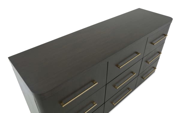Luxe Brown 9 Drawer Dresser in contemporary style with dark wood finish, brass handles, rubberwood frame, and oak veneer from Luxe Bedroom collection.