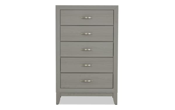 Trinity Gray 5 Drawer Chest in transitional style, made of durable rubberwood with smooth-gliding drawers and satin metal handles.