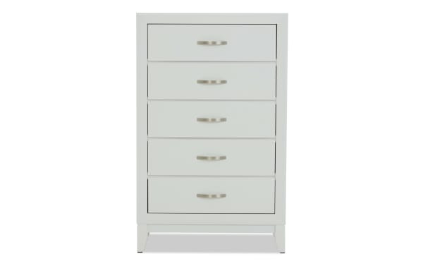 White wooden chest of drawers with five spacious drawers and silver metal handles, featuring a modern minimalist design for bedroom storage.