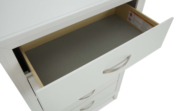 White wooden drawer unit with a partially open top drawer, featuring silver curved handles and a smooth matte finish.
