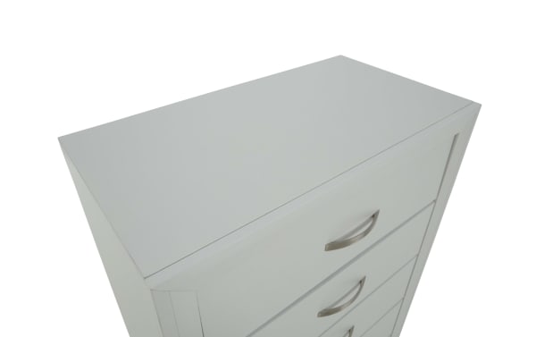 White wooden dresser with three drawers and silver curved handles, featuring a smooth flat top surface and clean modern design.