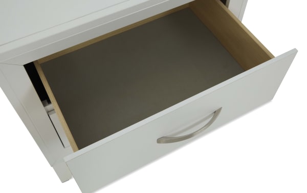 White wooden drawer with a silver curved handle, open to show smooth interior with natural wood sides and dark bottom panel.