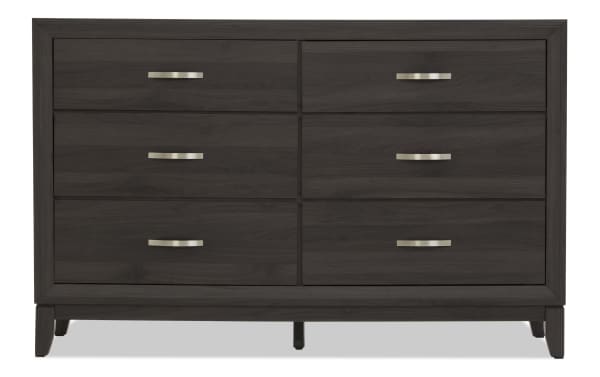 Trinity Brown 6 Drawer Dresser in transitional style, crafted from dark rubberwood with six smooth-gliding drawers and brushed metal handles, part of the Trinity Bedroom collection.