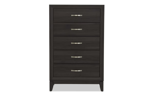 Dark wood five-drawer chest with silver metal handles, modern design, sturdy legs, suitable for bedroom storage furniture.