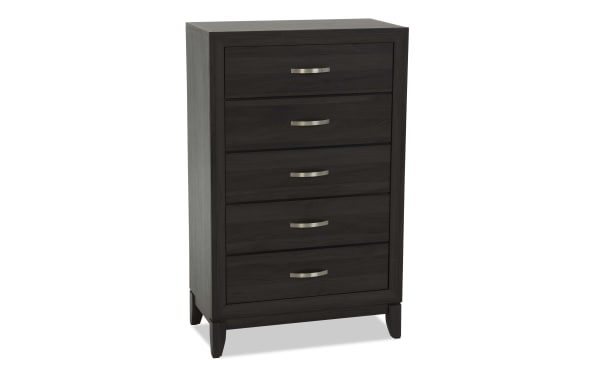 Dark wood five-drawer chest with silver curved handles, modern design, raised legs, suitable for bedroom storage furniture.