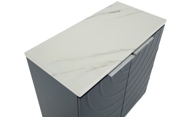 Modern dark gray cabinet with a white marble-patterned top, featuring sleek silver handles and a textured front design.