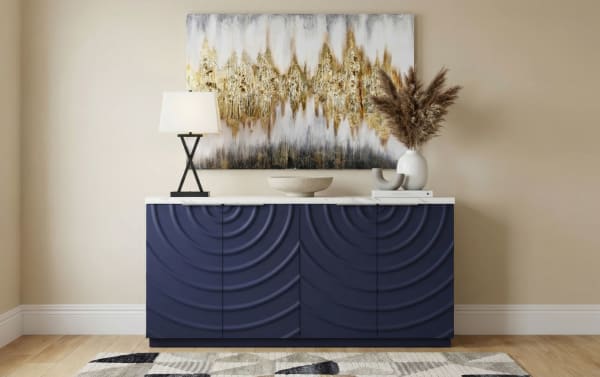 Radius Navy & White 4 Door Cabinet with contemporary ripple-patterned navy MDF doors, faux marble top, and adjustable interior shelves for versatile storage.