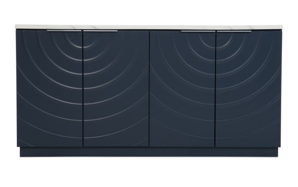 Modern navy blue storage cabinet with four doors, featuring a textured concentric circle pattern and sleek metal handles, ideal for contemporary interiors.
