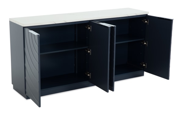 Modern navy blue storage cabinet with four open doors, featuring two shelves inside each section and a white marble-style top, ideal for organized home or office storage.