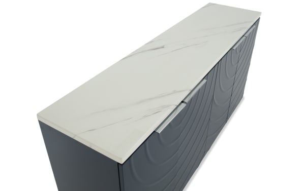 Modern sideboard cabinet with dark gray textured doors and sleek silver handles, topped with a white marble-patterned surface.