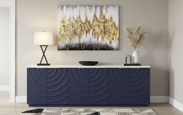 Radius Navy & White 6 Door Cabinet with contemporary MDF construction, navy ripple-patterned doors, and a sleek faux marble top, featuring adjustable shelves for versatile living room storage.