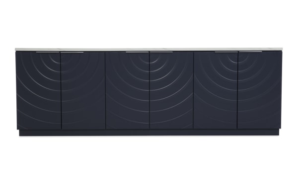 Modern navy blue sideboard cabinet with six doors featuring concentric circle embossed design and sleek silver handles, topped with white marble surface.