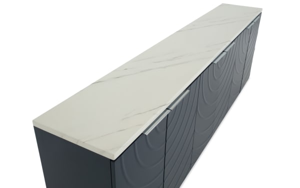 Modern long storage cabinet with dark gray textured doors and sleek silver handles, topped with a white marble countertop featuring subtle gray veining.