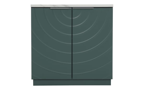 Modern dark green kitchen base cabinet with textured concentric circle design on doors, white marble countertop, and sleek metal handles.