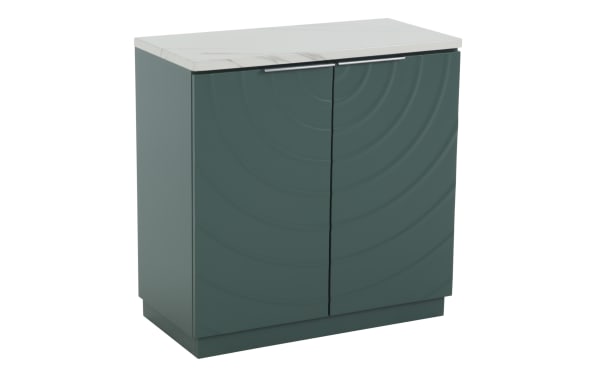 Modern dark green kitchen base cabinet with two doors, sleek silver handles, and white marble countertop, ideal for contemporary kitchens.