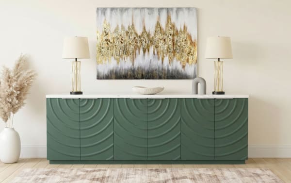 Radius Green & White 6 Door Cabinet with contemporary MDF construction, faux marble top, and radiating ripple pattern, featuring adjustable shelves for versatile storage.
