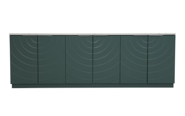 Modern dark green kitchen cabinet with six doors, featuring a textured concentric circle design and a white marble countertop.
