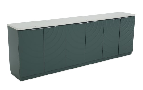 Modern dark green sideboard cabinet with six doors, sleek metal handles, and a white marble top, ideal for stylish storage.