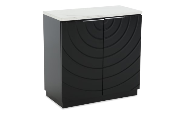 Black modern bathroom vanity cabinet with textured concentric circle design on doors and white marble countertop, sleek and stylish storage solution.