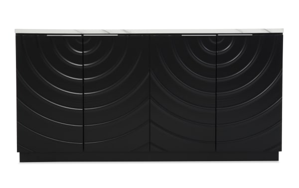 Modern black storage cabinet with four doors featuring a concentric circle embossed design and a white marble top, ideal for stylish home organization.