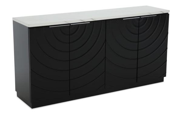 Modern black sideboard cabinet with textured concentric circle design on doors, white marble top, sleek metal handles, ideal for contemporary living spaces.