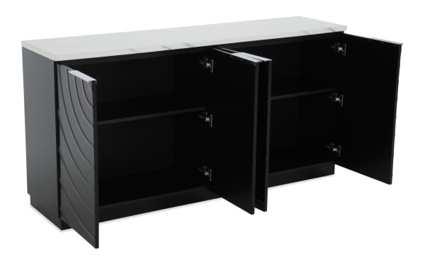 Modern black storage cabinet with three open doors, featuring a white marble top and internal shelving for organized storage.