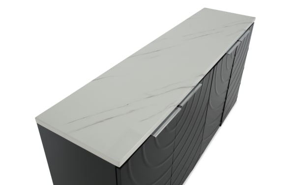 Modern black cabinet with textured doors and sleek silver handles, topped with a white marble countertop featuring subtle gray veining.