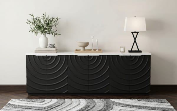 Radius Black & White 6 Door Cabinet with contemporary MDF construction, faux marble top, and radiating ripple pattern on black doors, featuring adjustable shelves for versatile living room storage.