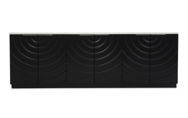 Modern black sideboard cabinet with a white marble top, featuring six doors with concentric circle embossed patterns, ideal for stylish storage.