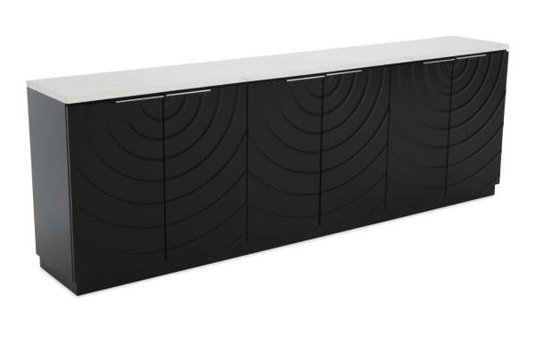 Modern black sideboard cabinet with a white marble top, featuring six doors with concentric circle patterns, ideal for stylish storage.