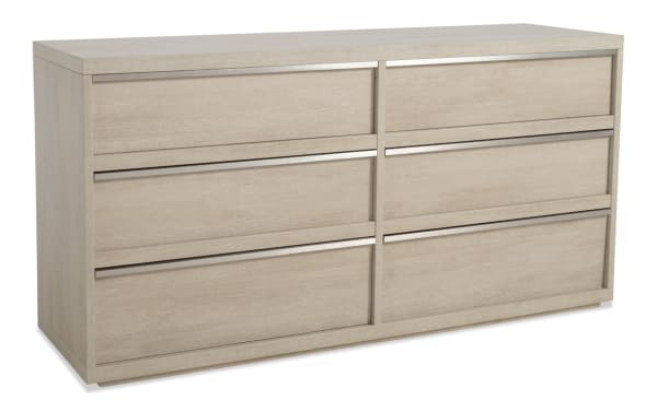 Delray White 6 Drawer Dresser in contemporary style, made of white MDF with smooth-glide, self-closing drawers, part of Delray Bedroom collection.
